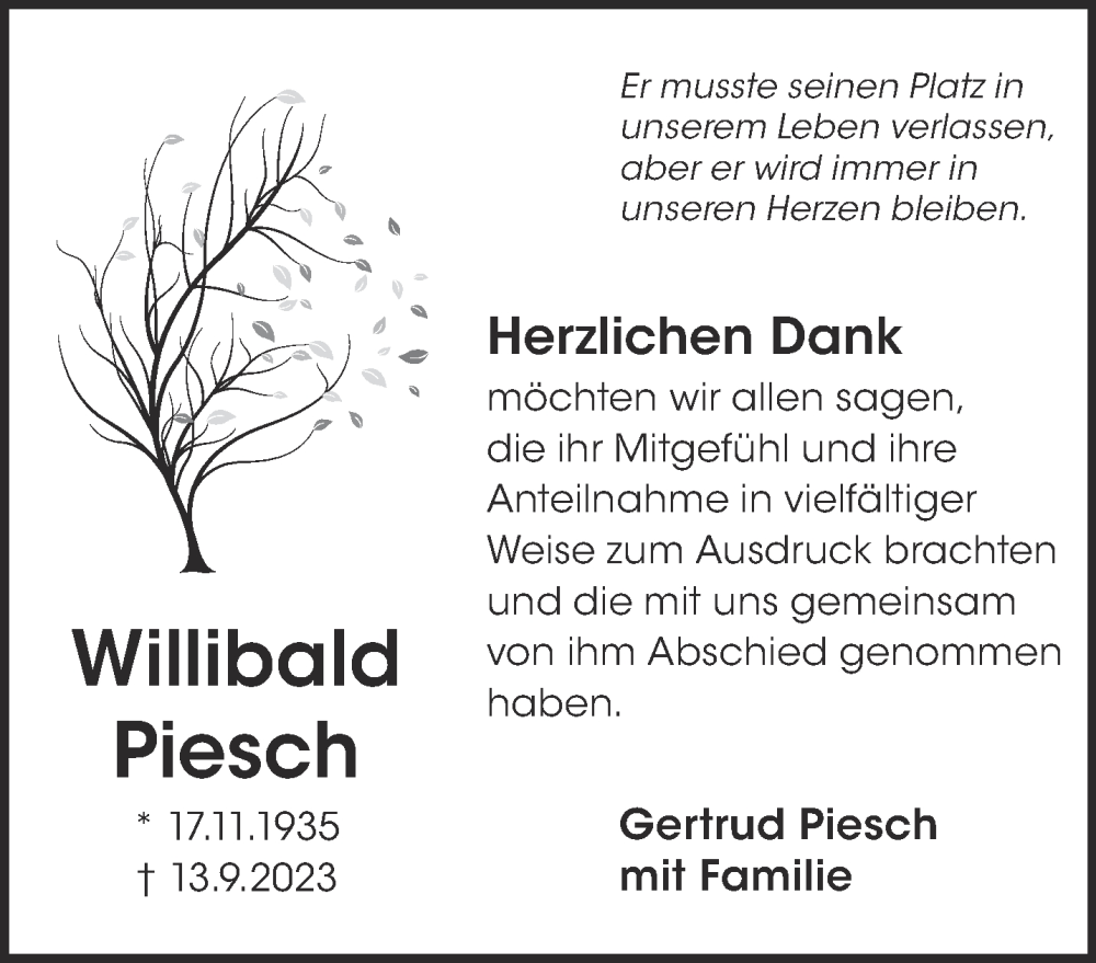  Traueranzeige für Willibald Piesch vom 04.11.2023 aus Gelnhäuser Neue Zeitung