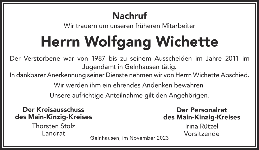  Traueranzeige für Wolfgang Wichette vom 18.11.2023 aus Mittelhessen-Bote