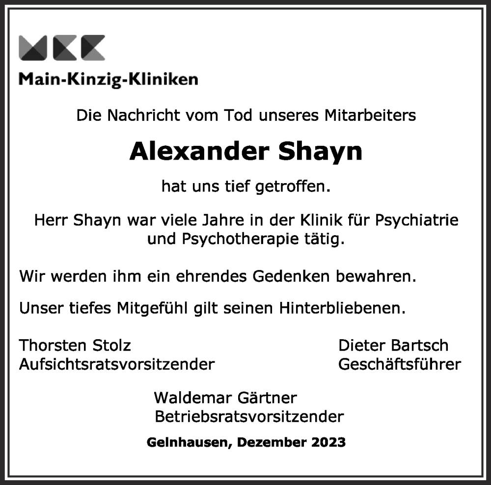  Traueranzeige für Alexander Shayn vom 16.12.2023 aus Gelnhäuser Neue Zeitung