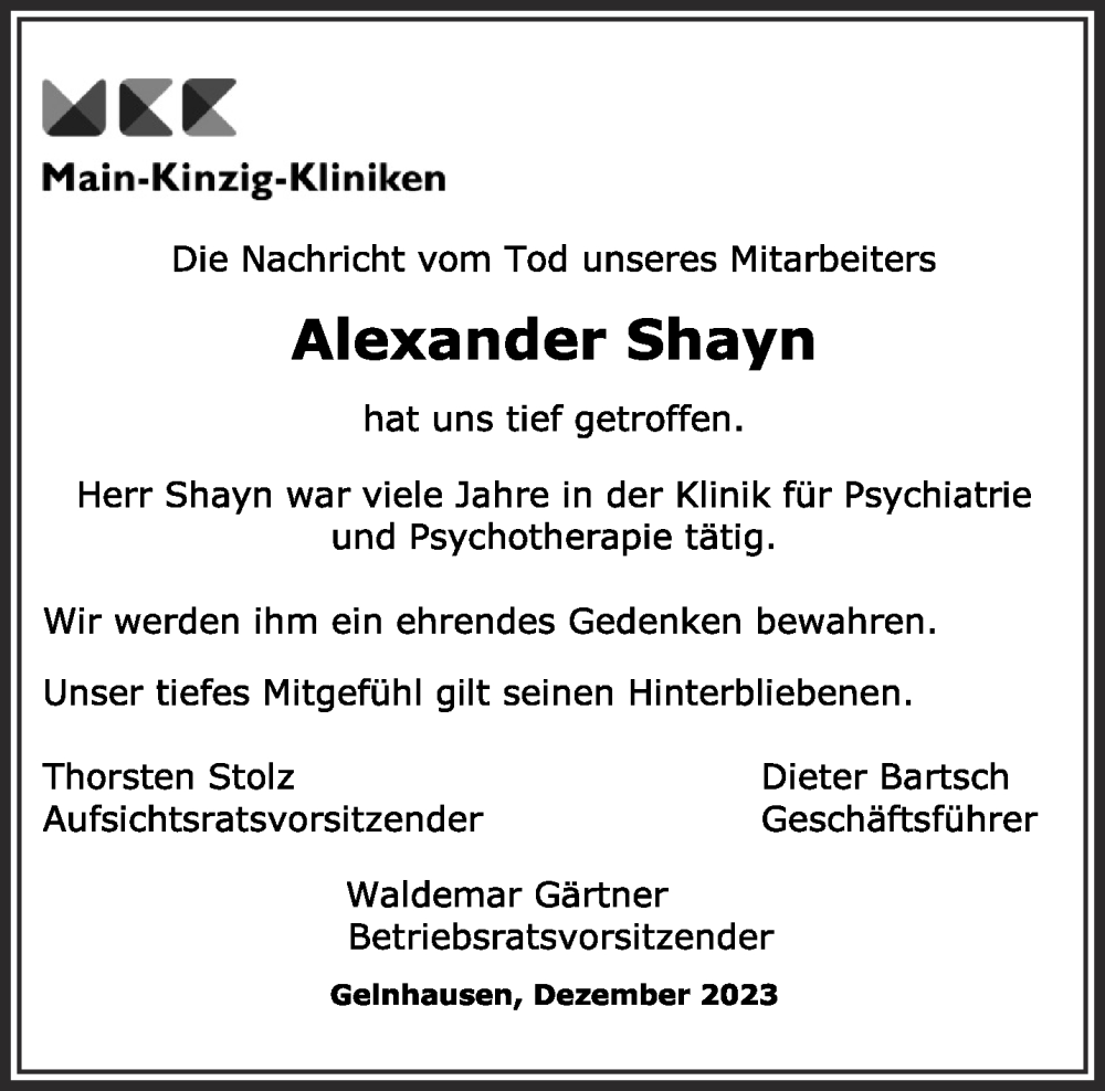  Traueranzeige für Alexander Shayn vom 16.12.2023 aus Mittelhessen-Bote