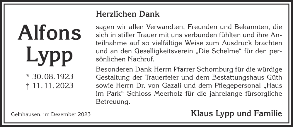  Traueranzeige für Alfons Lypp vom 30.12.2023 aus Mittelhessen-Bote