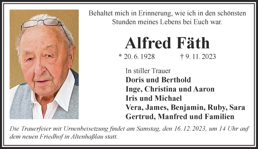  Traueranzeige für Alfred Fäth vom 09.12.2023 aus Mittelhessen-Bote
