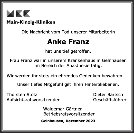 Traueranzeige von Anke Franz von Gelnhäuser Neue Zeitung