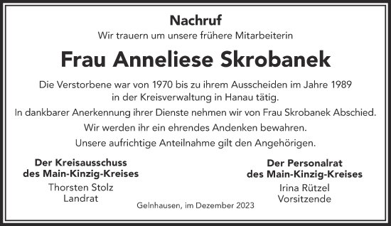 Traueranzeige von Anneliese Skrobanek von Mittelhessen-Bote