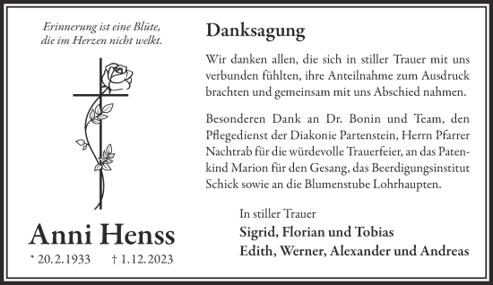 Traueranzeige von Anni Henss von Gelnhäuser Neue Zeitung