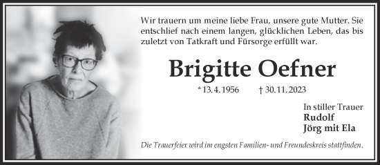 Traueranzeige von Brigitte Oefner von Gelnhäuser Neue Zeitung