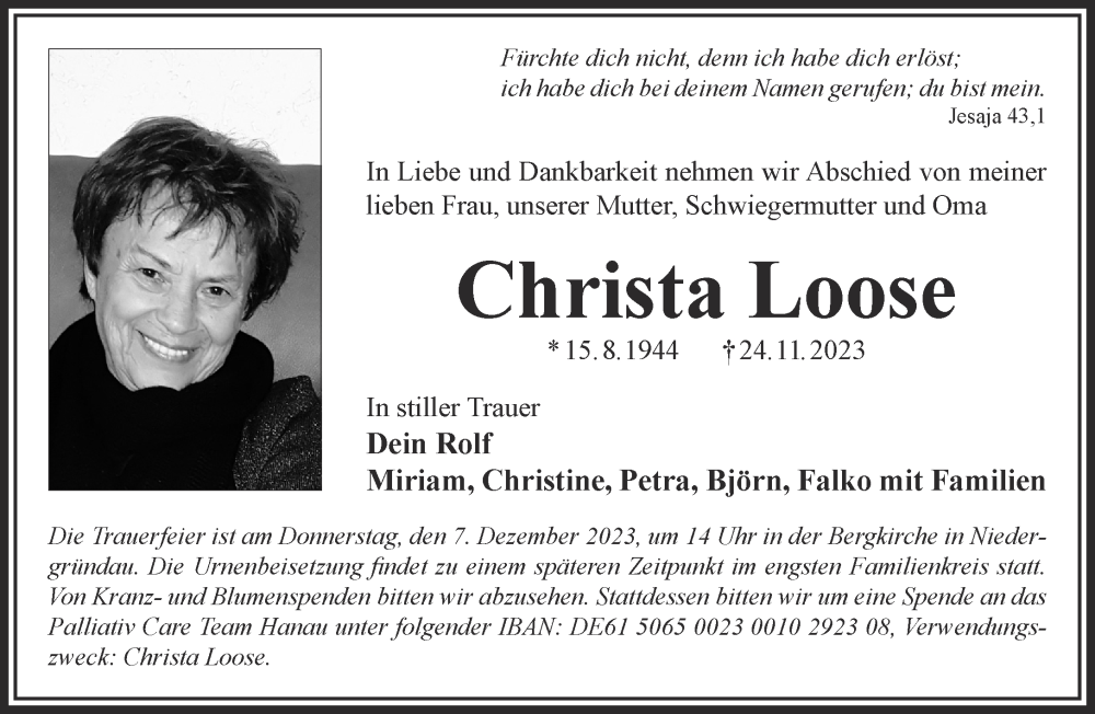  Traueranzeige für Christa Loose vom 02.12.2023 aus Gelnhäuser Neue Zeitung