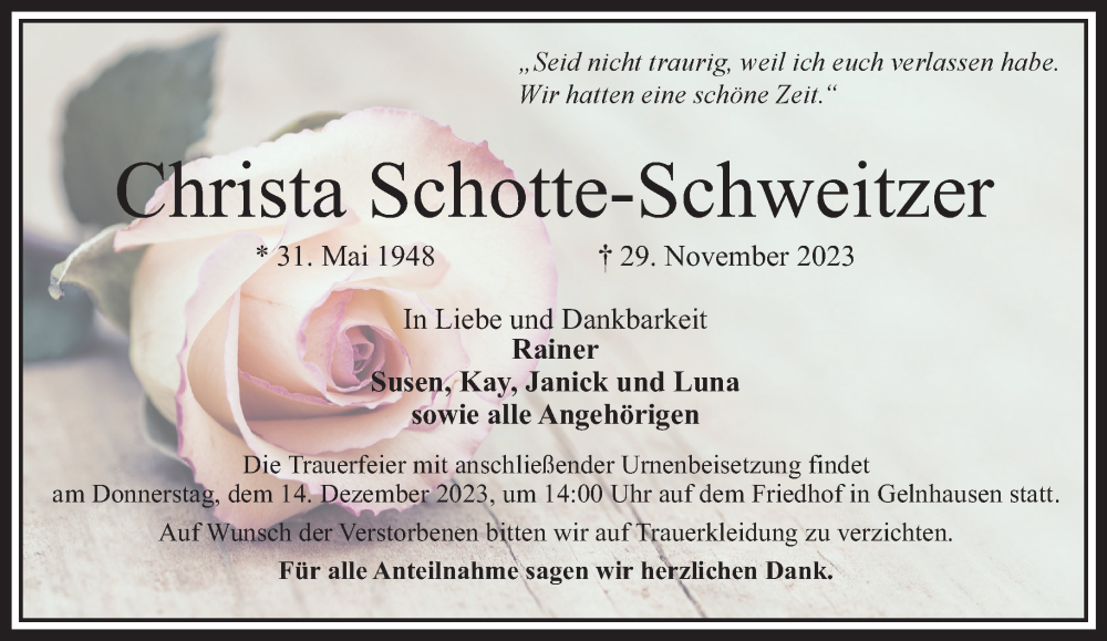  Traueranzeige für Christa Schotte-Schweitzer vom 09.12.2023 aus Mittelhessen-Bote
