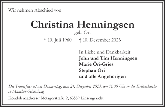Traueranzeige von Christina Henningsen von Gelnhäuser Neue Zeitung