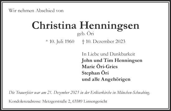 Traueranzeige von Christina Henningsen von Mittelhessen-Bote