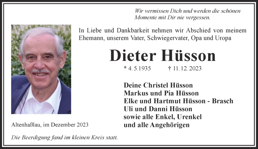  Traueranzeige für Dieter Hüsson vom 23.12.2023 aus Gelnhäuser Neue Zeitung
