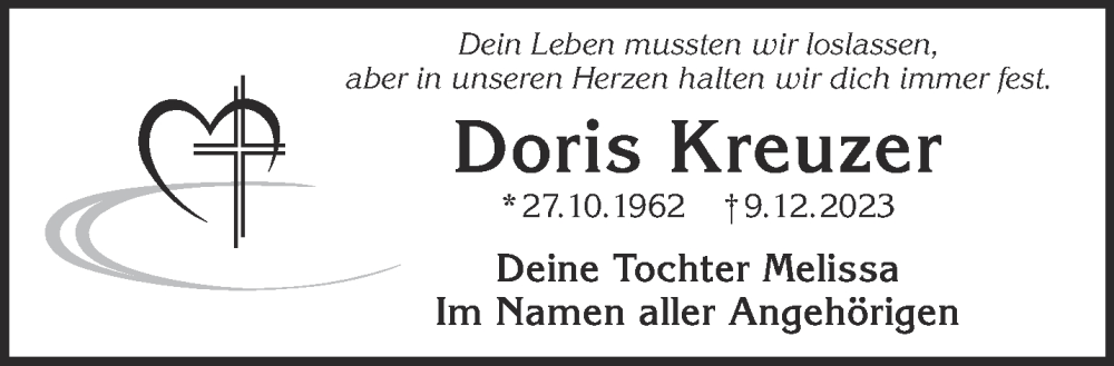  Traueranzeige für Doris Kreuzer vom 23.12.2023 aus Gelnhäuser Neue Zeitung
