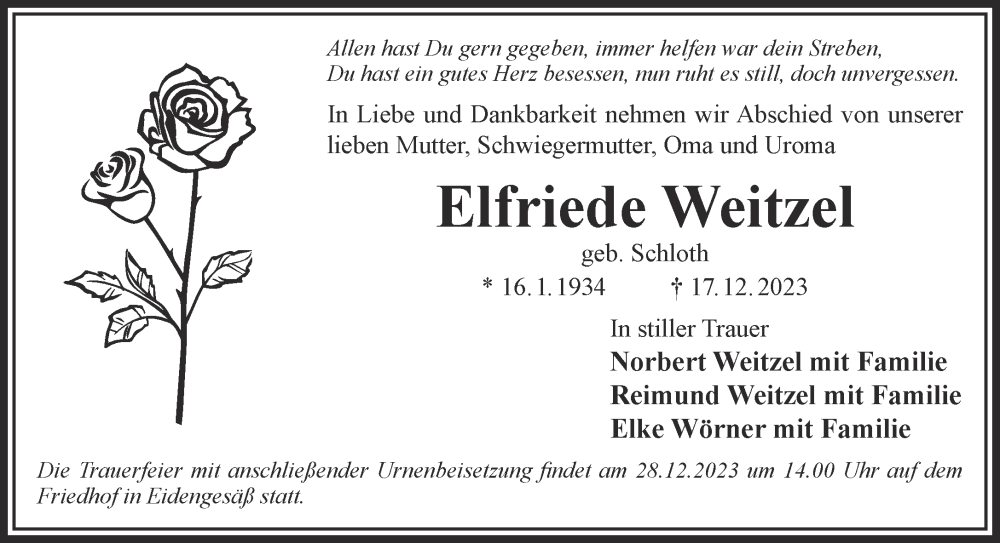  Traueranzeige für Elfriede Weitzel vom 23.12.2023 aus Gelnhäuser Neue Zeitung