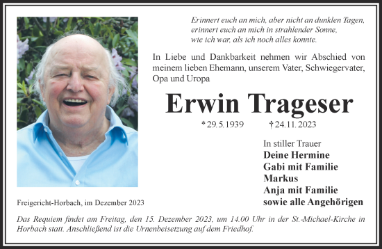 Traueranzeige von Erwin Trageser von Gelnhäuser Neue Zeitung