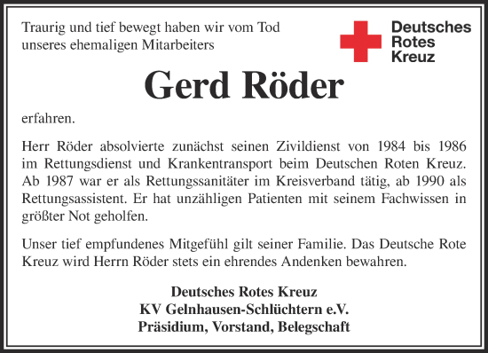 Traueranzeige von Gerd Röder von Mittelhessen-Bote