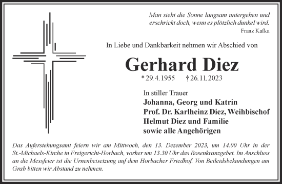 Traueranzeige von Gerhard Diez von Gelnhäuser Neue Zeitung