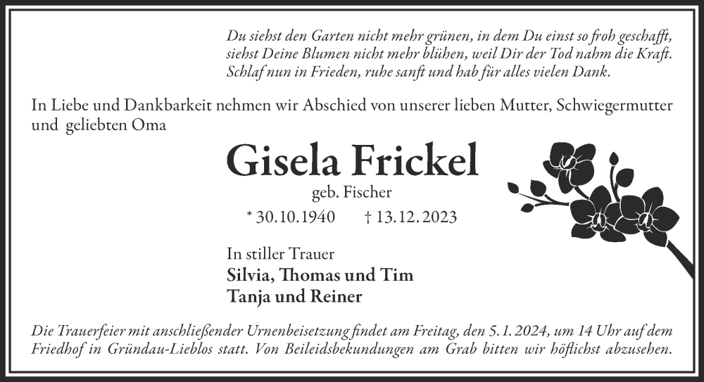  Traueranzeige für Gisela Frickel vom 30.12.2023 aus Gelnhäuser Neue Zeitung