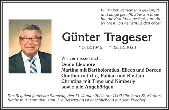 Traueranzeige von Günter Trageser von Gelnhäuser Neue Zeitung