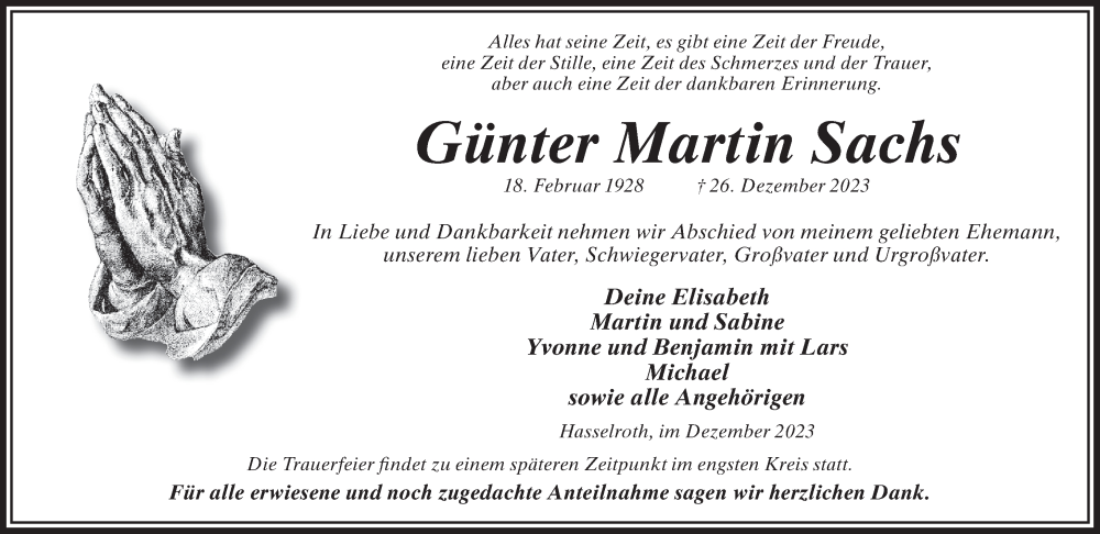  Traueranzeige für Günter Martin Sachs vom 30.12.2023 aus Gelnhäuser Neue Zeitung