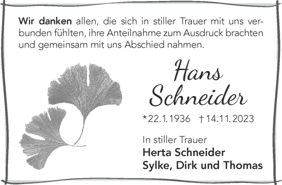 Traueranzeige von Hans Schneider von Gelnhäuser Neue Zeitung