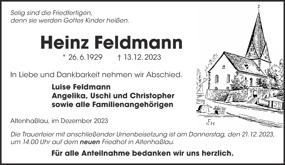  Traueranzeige für Heinz Feldmann vom 16.12.2023 aus Gelnhäuser Neue Zeitung