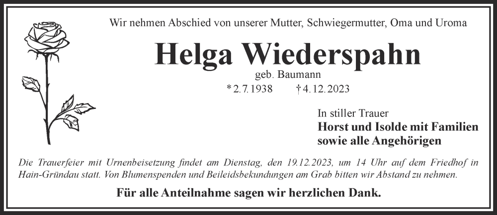  Traueranzeige für Helga Wiederspahn vom 16.12.2023 aus Mittelhessen-Bote