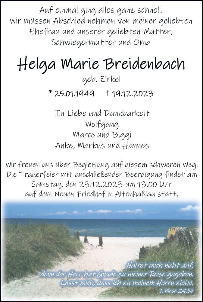  Traueranzeige für Helga Marie Breidenbach vom 23.12.2023 aus Mittelhessen-Bote