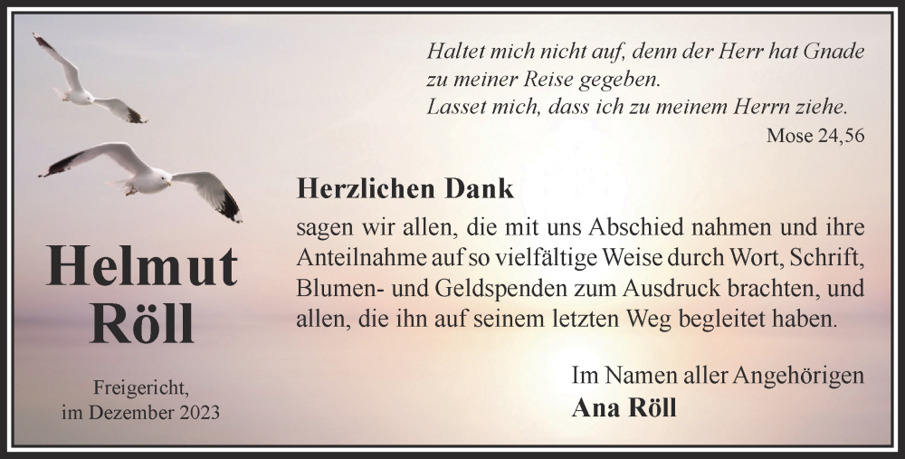  Traueranzeige für Helmut Röll vom 09.12.2023 aus Gelnhäuser Neue Zeitung