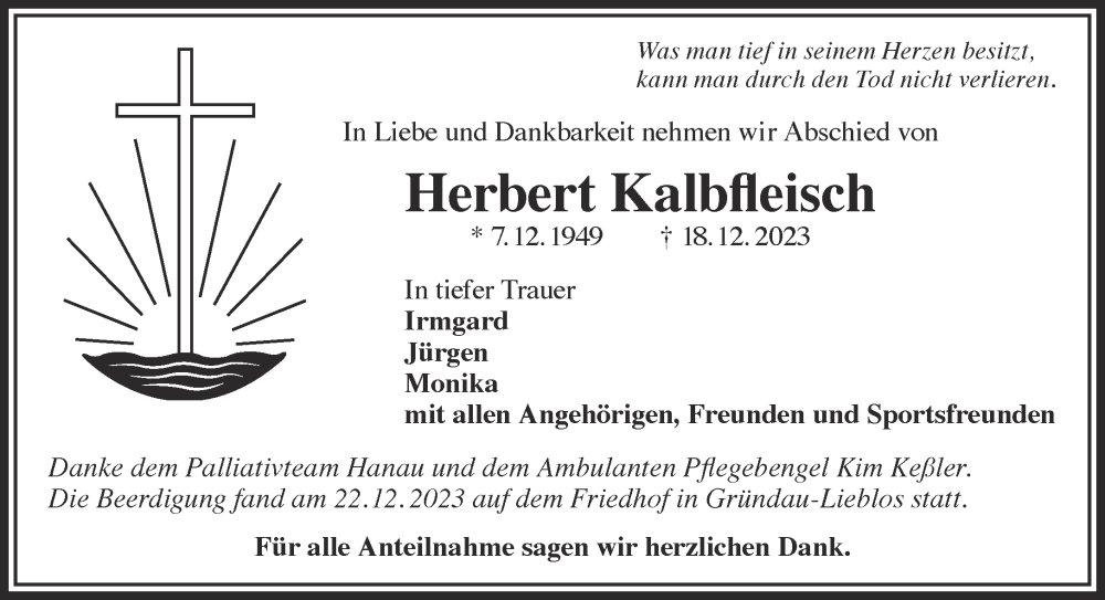  Traueranzeige für Herbert Kalbfleisch vom 23.12.2023 aus Mittelhessen-Bote
