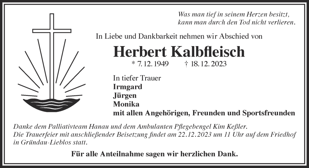  Traueranzeige für Herbert Kalbfleisch vom 21.12.2023 aus Gelnhäuser Neue Zeitung