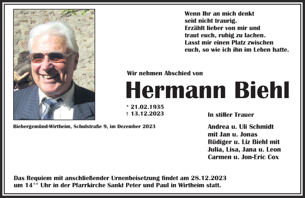  Traueranzeige für Hermann Biehl vom 23.12.2023 aus Mittelhessen-Bote