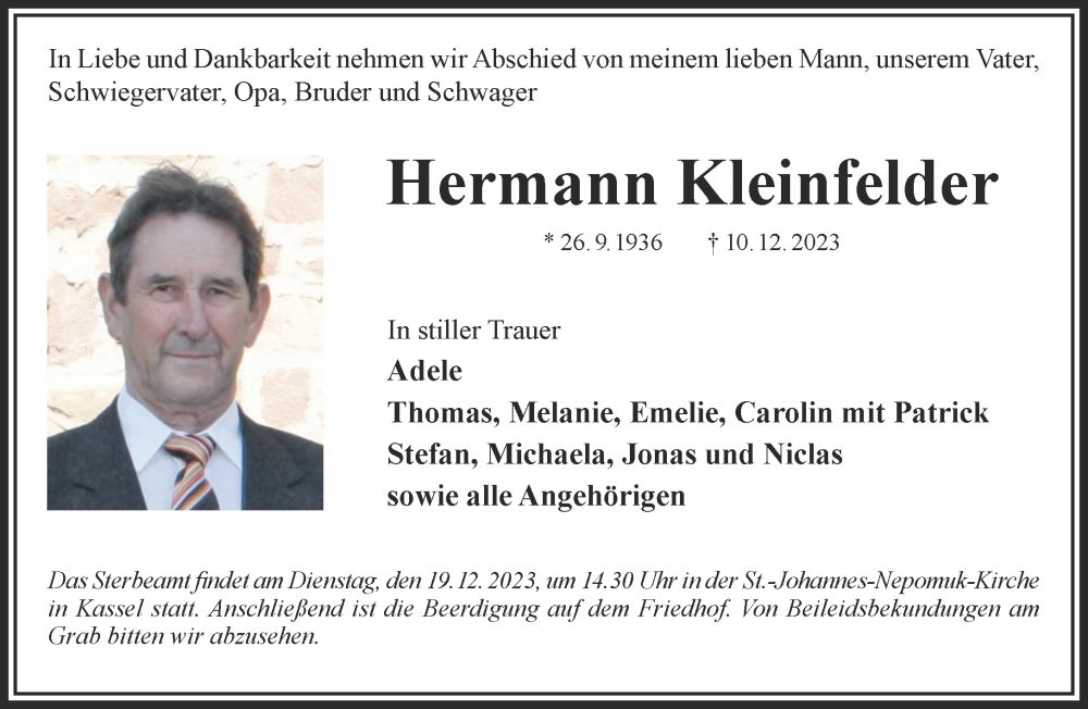  Traueranzeige für Hermann Kleinfelder vom 16.12.2023 aus Gelnhäuser Neue Zeitung