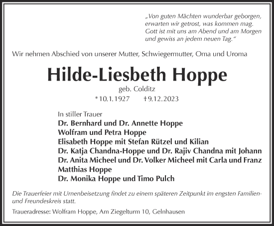 Traueranzeige von Hilde-Liesbeth Hoppe von Gelnhäuser Neue Zeitung