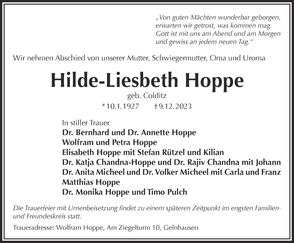  Traueranzeige für Hilde-Liesbeth Hoppe vom 23.12.2023 aus Mittelhessen-Bote