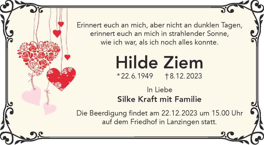 Traueranzeige für Hilde Ziem vom 16.12.2023 aus Gelnhäuser Neue Zeitung