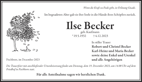 Traueranzeige von Ilse Becker von Gelnhäuser Neue Zeitung