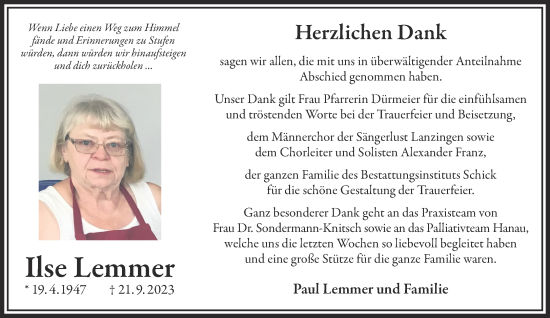 Traueranzeige von Ilse Lemmer von Mittelhessen-Bote