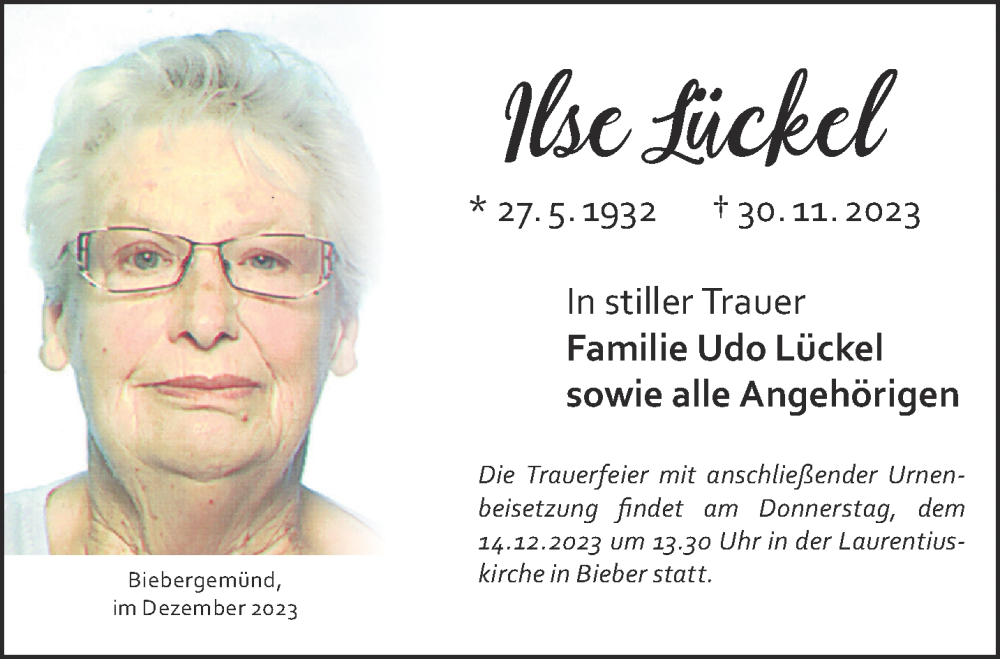  Traueranzeige für Ilse Lückel  vom 09.12.2023 aus Gelnhäuser Neue Zeitung