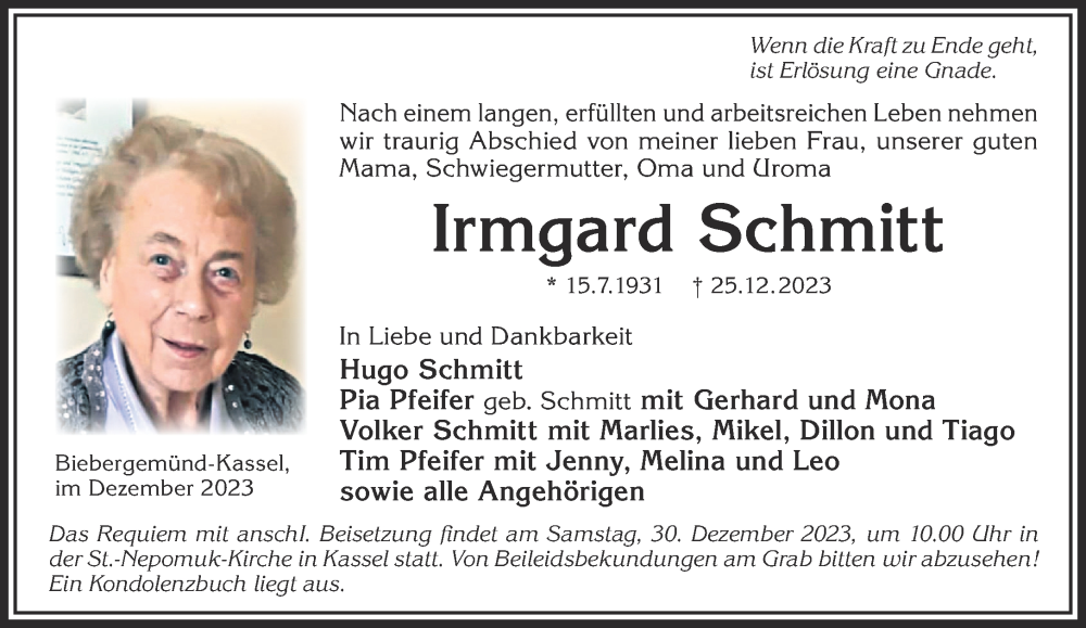  Traueranzeige für Irmgard Schmitt vom 30.12.2023 aus Mittelhessen-Bote