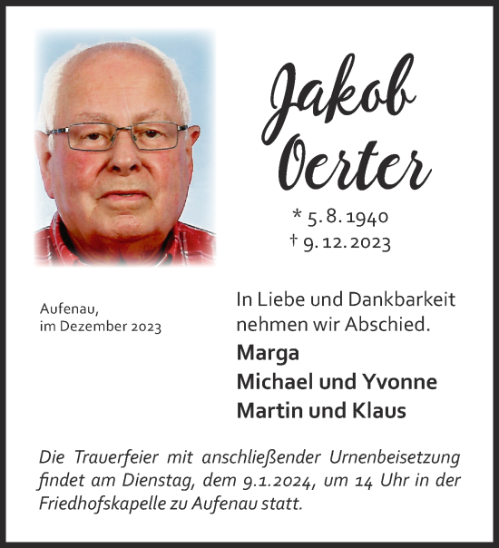 Traueranzeige von Jakob Oerter von Gelnhäuser Neue Zeitung