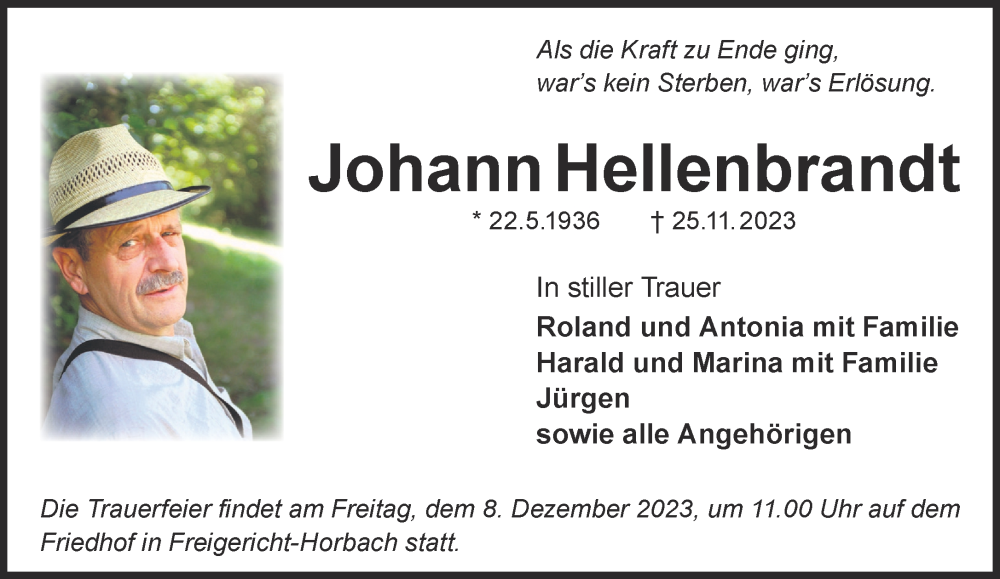  Traueranzeige für Johann Hellenbrandt vom 02.12.2023 aus Gelnhäuser Neue Zeitung