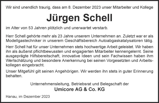 Traueranzeige von Jürgen Schell von Gelnhäuser Neue Zeitung