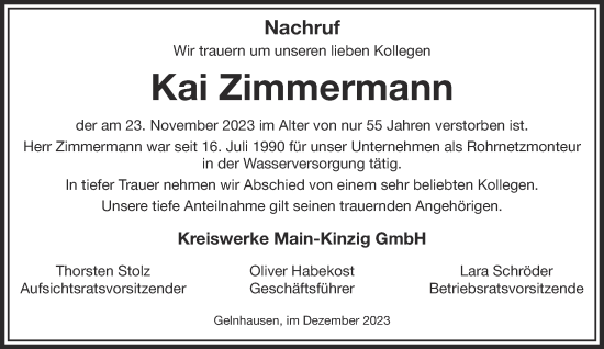 Traueranzeige von Kai Zimmermann von Gelnhäuser Neue Zeitung