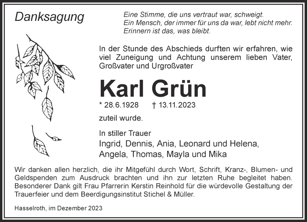  Traueranzeige für Karl Grün vom 16.12.2023 aus Gelnhäuser Neue Zeitung