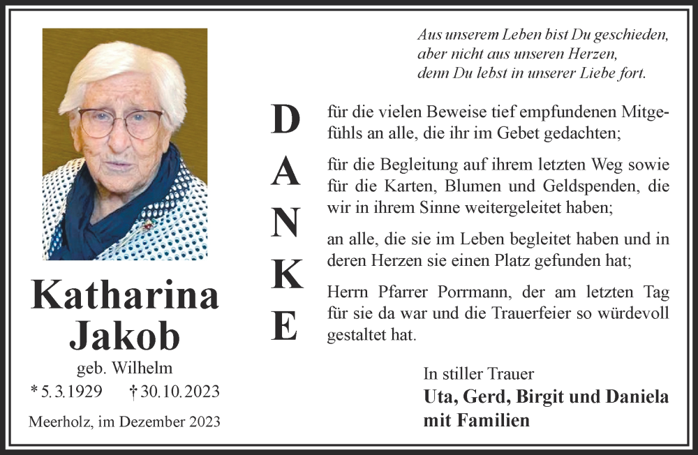 Traueranzeige für Katharina Jakob vom 16.12.2023 aus Gelnhäuser Neue Zeitung
