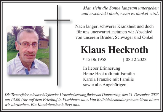 Traueranzeige von Klaus Heckroth von Gelnhäuser Neue Zeitung