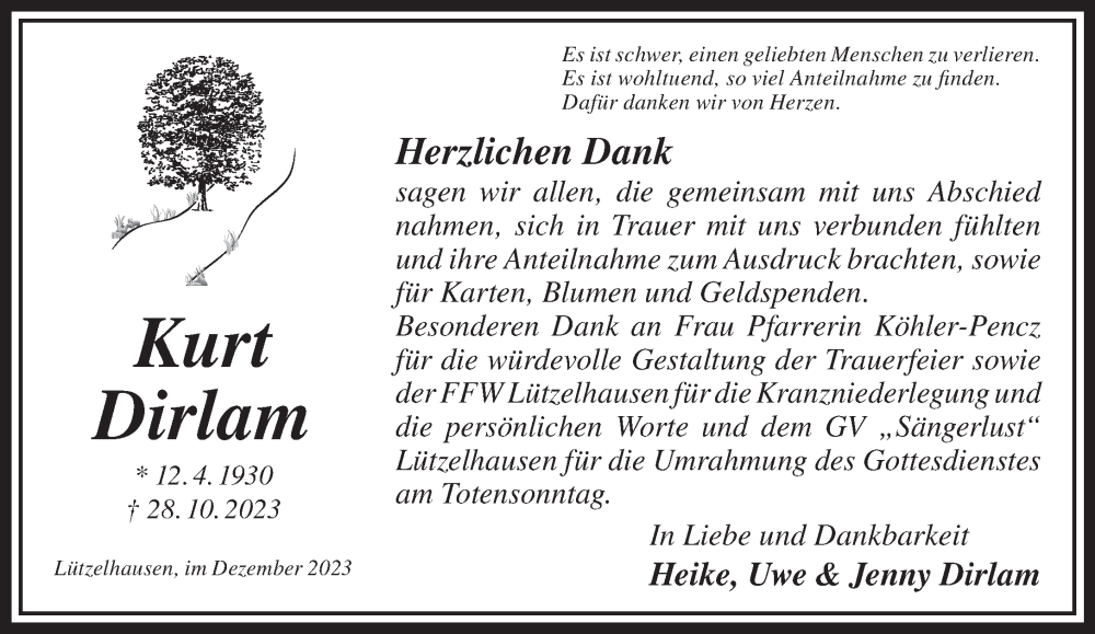  Traueranzeige für Kurt Dirlam vom 23.12.2023 aus Mittelhessen-Bote