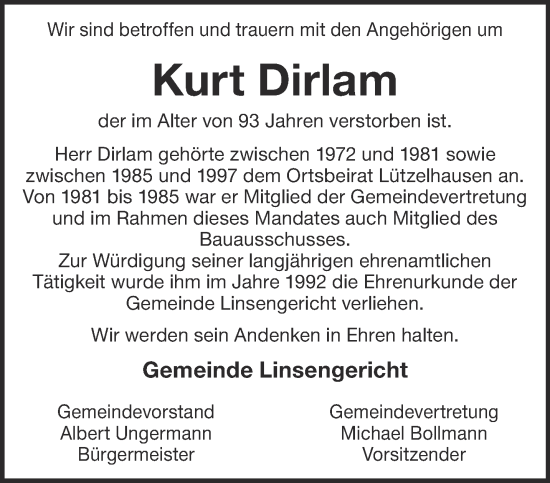 Traueranzeige von Kurt Dirlam von Gelnhäuser Neue Zeitung
