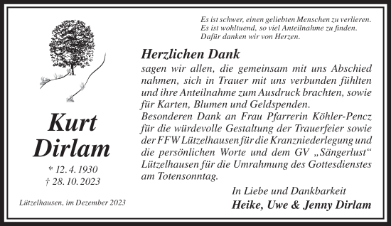 Traueranzeige von Kurt Dirlam von Mittelhessen-Bote