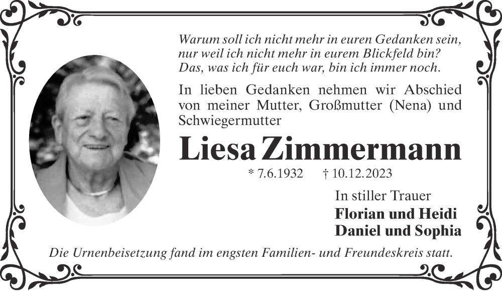  Traueranzeige für Liesa Zimmermann vom 30.12.2023 aus Gelnhäuser Neue Zeitung